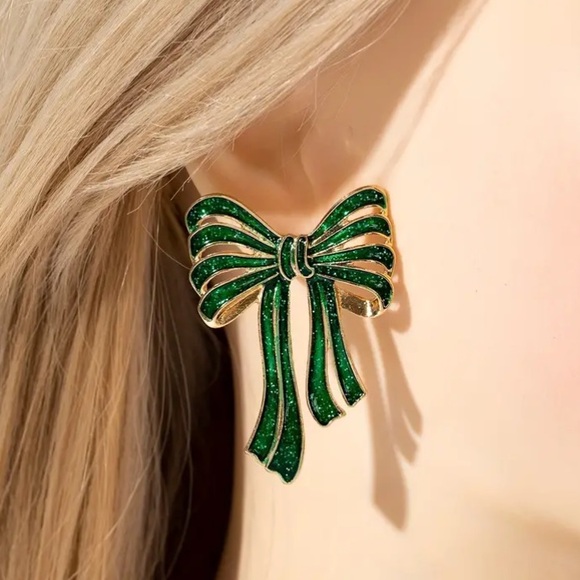 Green Bow Christmas Holiday Gold Toned Stud Earrings - Picture 2 of 2
